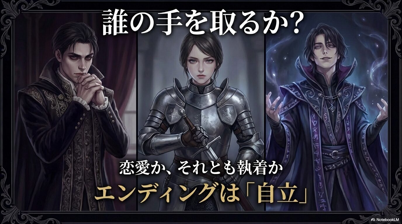 誰の手を取るか、恋愛か執着か。最終的なエンディングは主人公の「自立」であることを示す考察スライド。