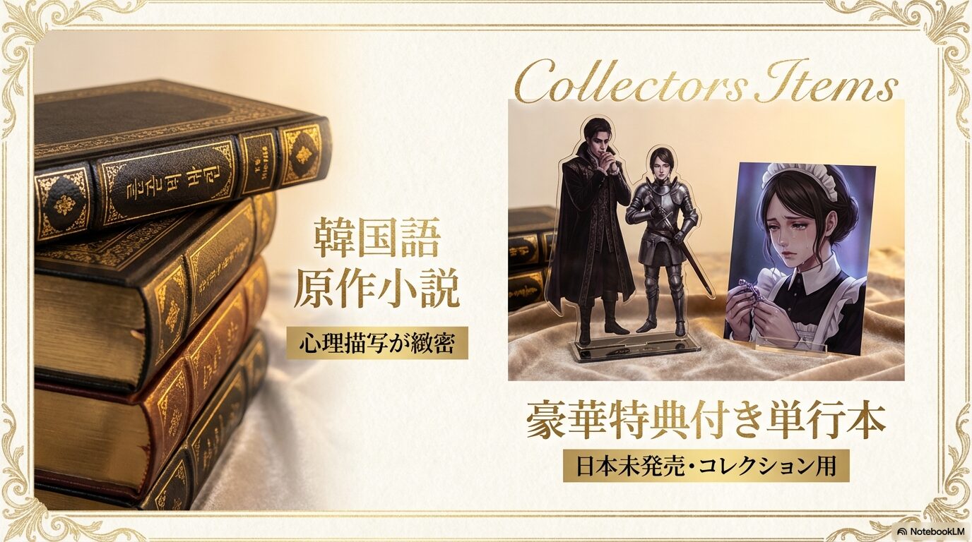心理描写が緻密な韓国語の原作小説と、アクリルスタンドなどの豪華特典が付いたコレクターズアイテムとしての単行本の写真。