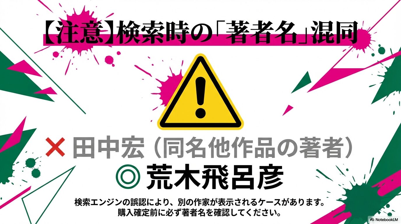 検索エンジンの誤認により田中宏氏が表示されるケースがあるが、正しくは荒木飛呂彦氏であることを強調し、購入前の確認を促す注意スライド。