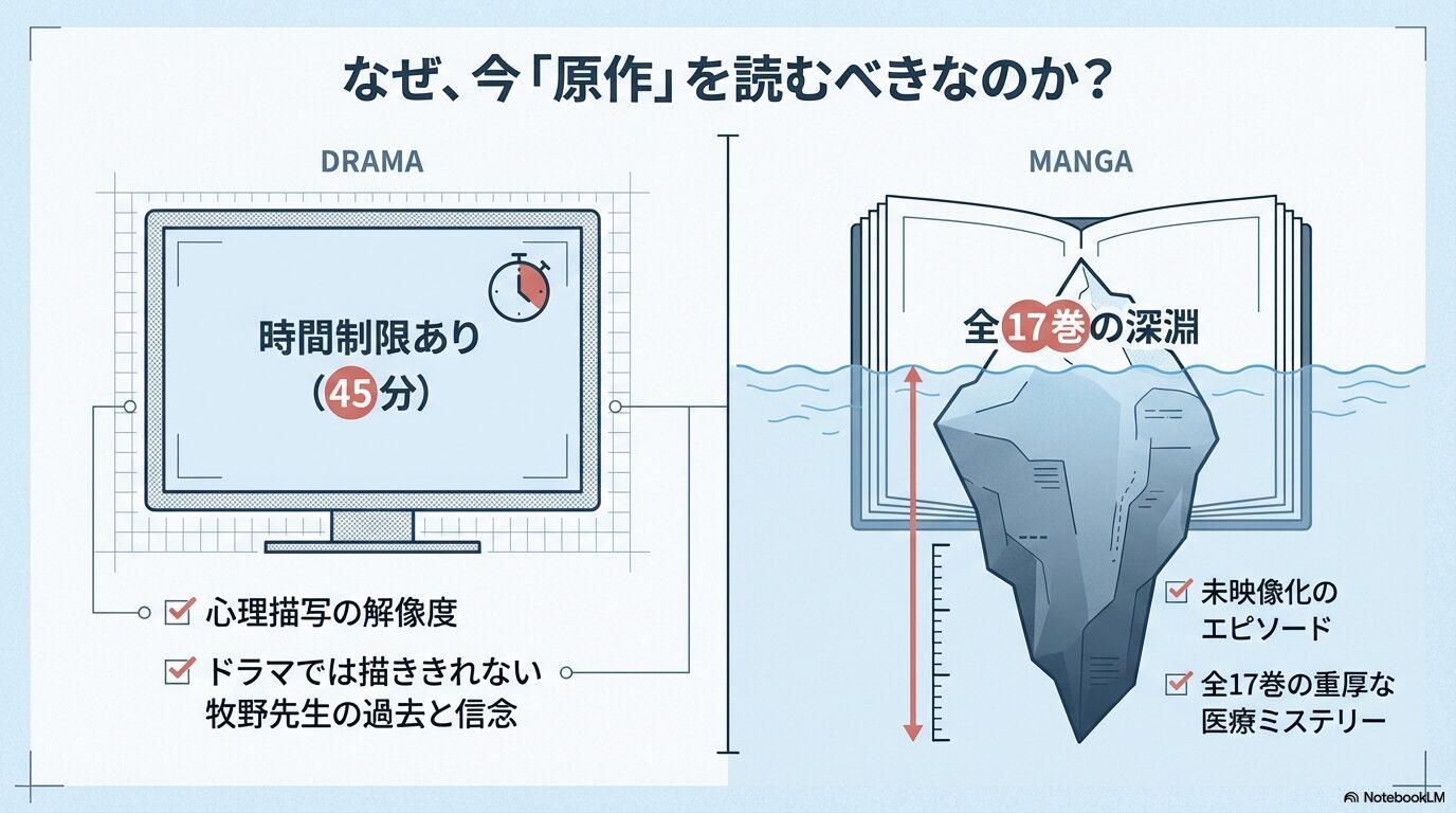 45分のドラマ版と、全17巻で牧野先生の過去や信念、未映像化エピソードを深掘りする原作漫画の比較図