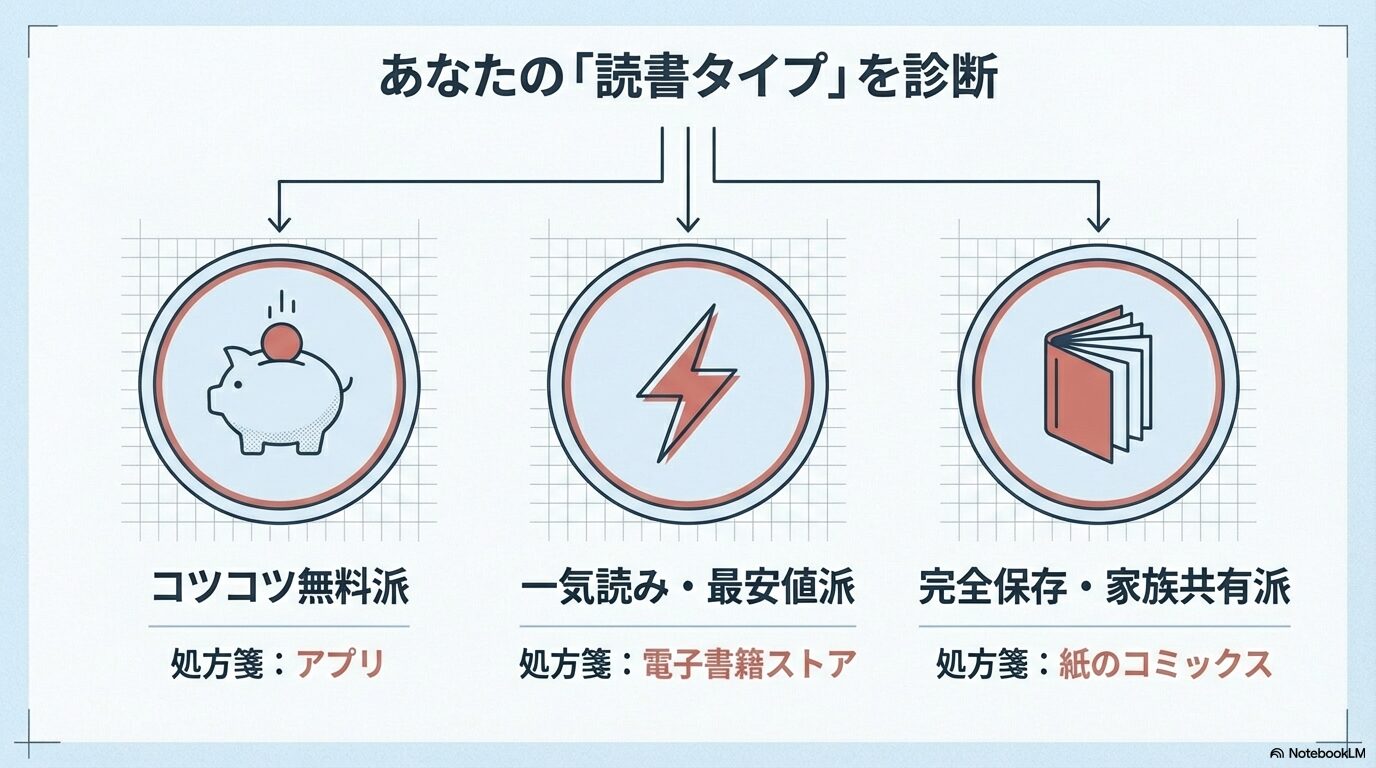 コツコツ無料派、一気読み・最安値派、完全保存・家族共有派の3つの読書タイプとそれぞれの推奨メディアの紹介