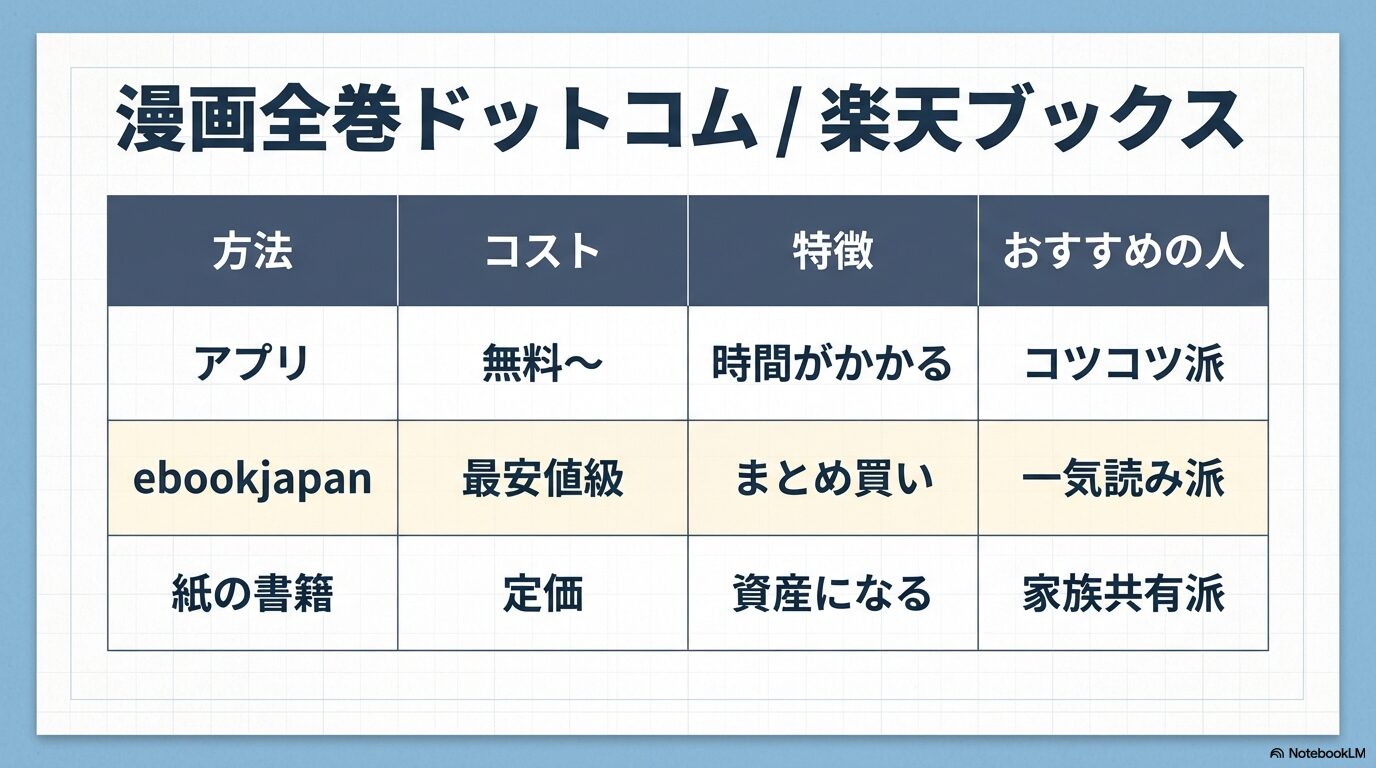 アプリ、電子書籍ストア、紙の書籍それぞれの特徴とコスト、おすすめの人を一覧でまとめた比較表