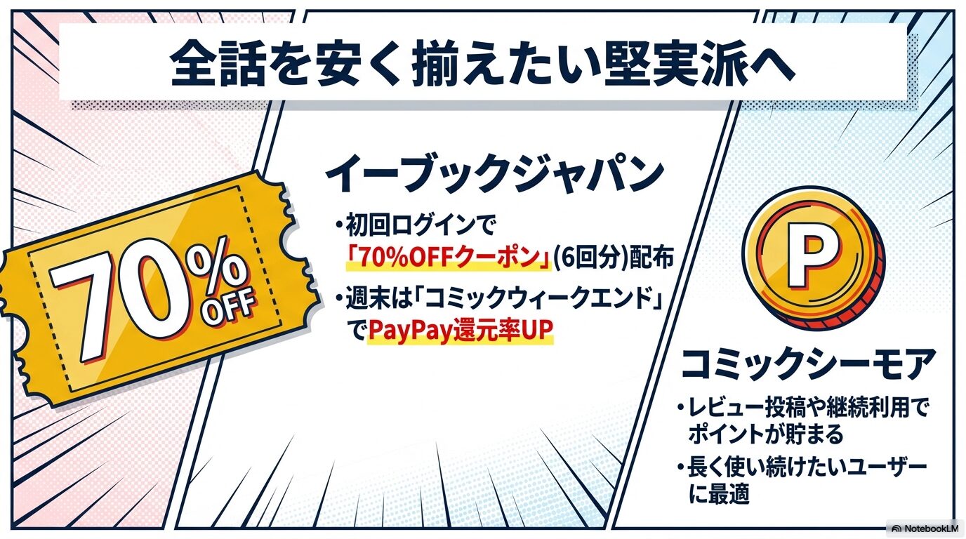 ebookjapanの初回ログイン70%OFFクーポン(6回分)と週末のコミックウィークエンドによるPayPay還元率アップの紹介。