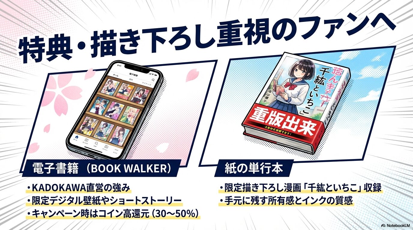 BOOK WALKERの限定デジタル特典や、紙の単行本に収録されている限定描き下ろし漫画「千紘といちこ」の情報をまとめたスライド。
