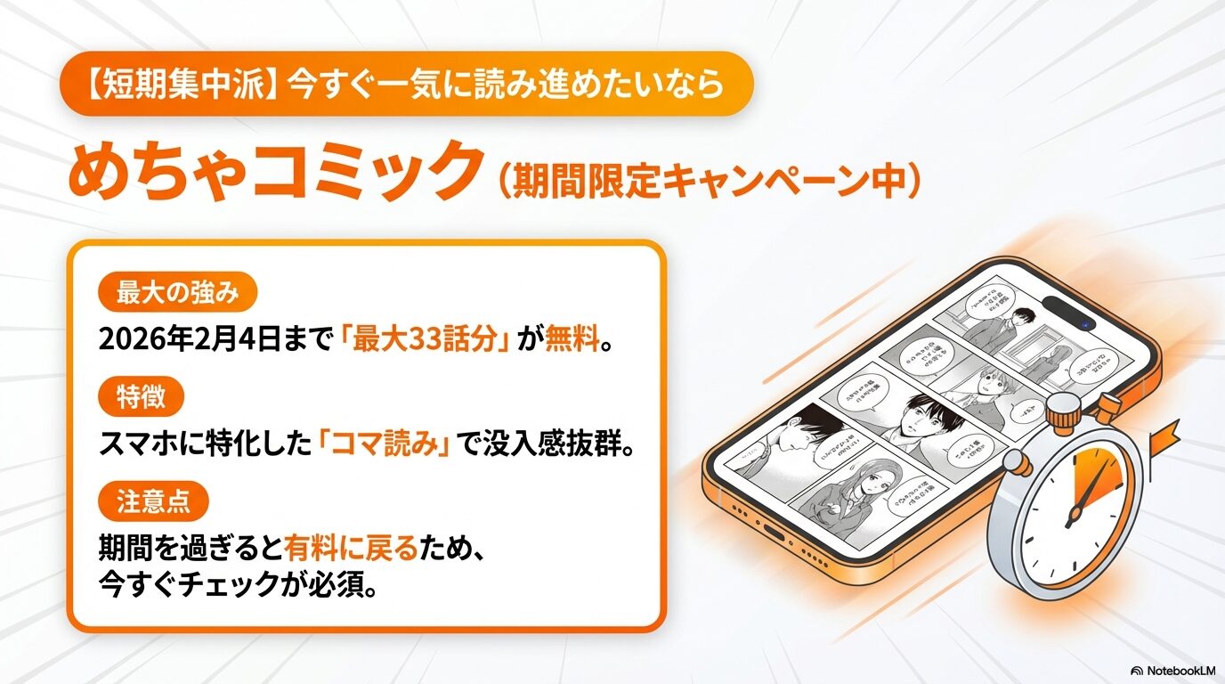 めちゃコミックの2026年2月4日までの最大33話無料キャンペーンの紹介スライド