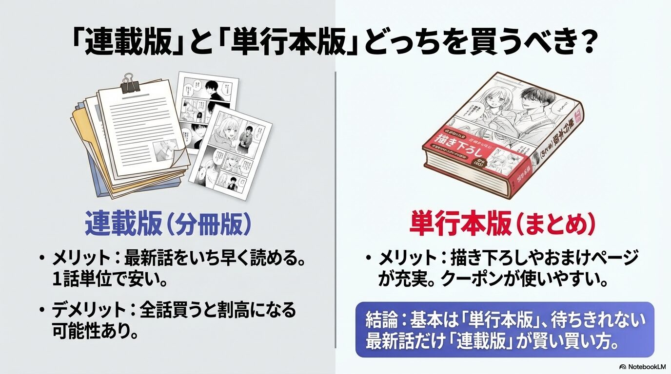 漫画の連載版(分冊版)と単行本版のメリット・デメリット比較スライド