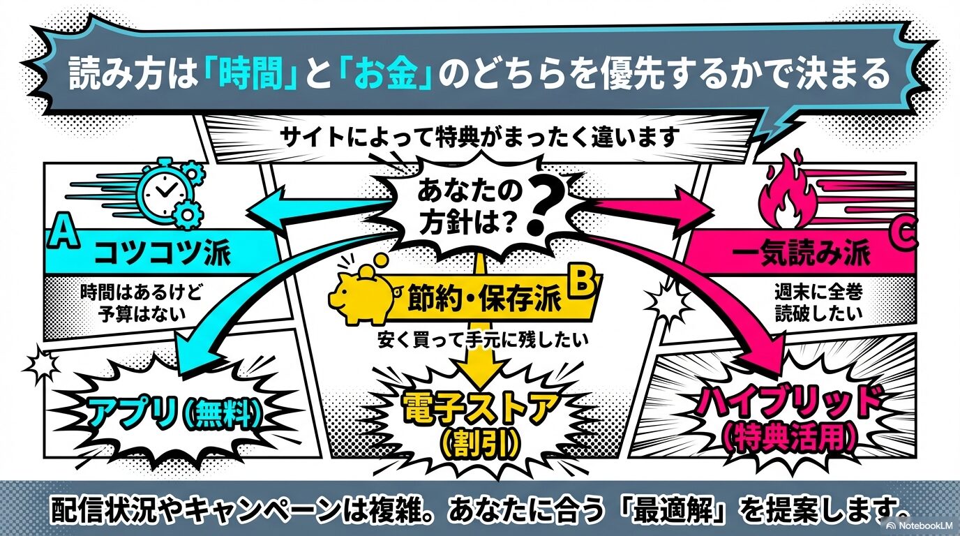 時間優先の「コツコツ派」、安さ優先の「節約・保存派」、週末に楽しむ「一気読み派」の3つのタイプ別おすすめ読書スタイルを解説したスライド。