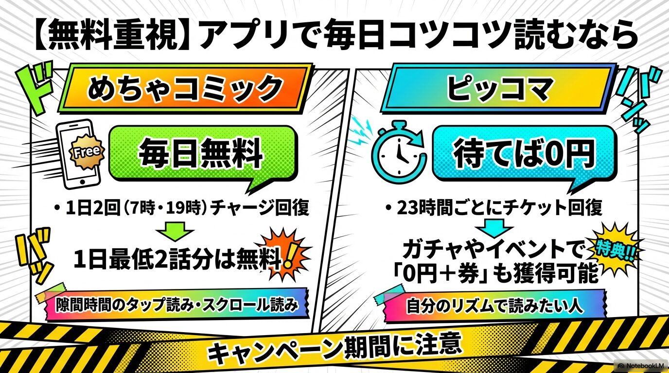 めちゃコミックの1日2回チャージ回復と、ピッコマの23時間待てば0円チケット回復の仕組みを比較した解説スライド。