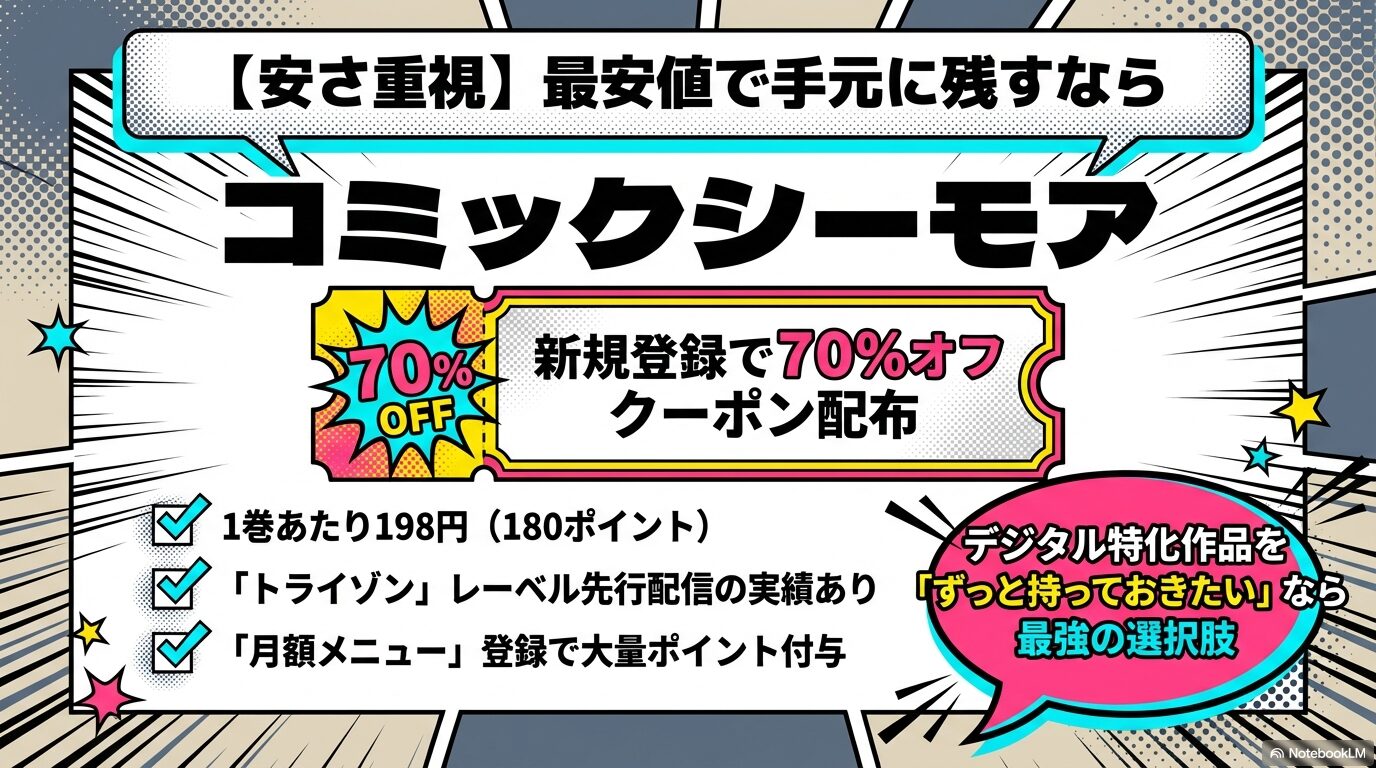 コミックシーモアの新規登録70%OFFクーポンや月額メニューのポイント付与、トライゾンレーベルの先行配信実績を紹介するスライド。