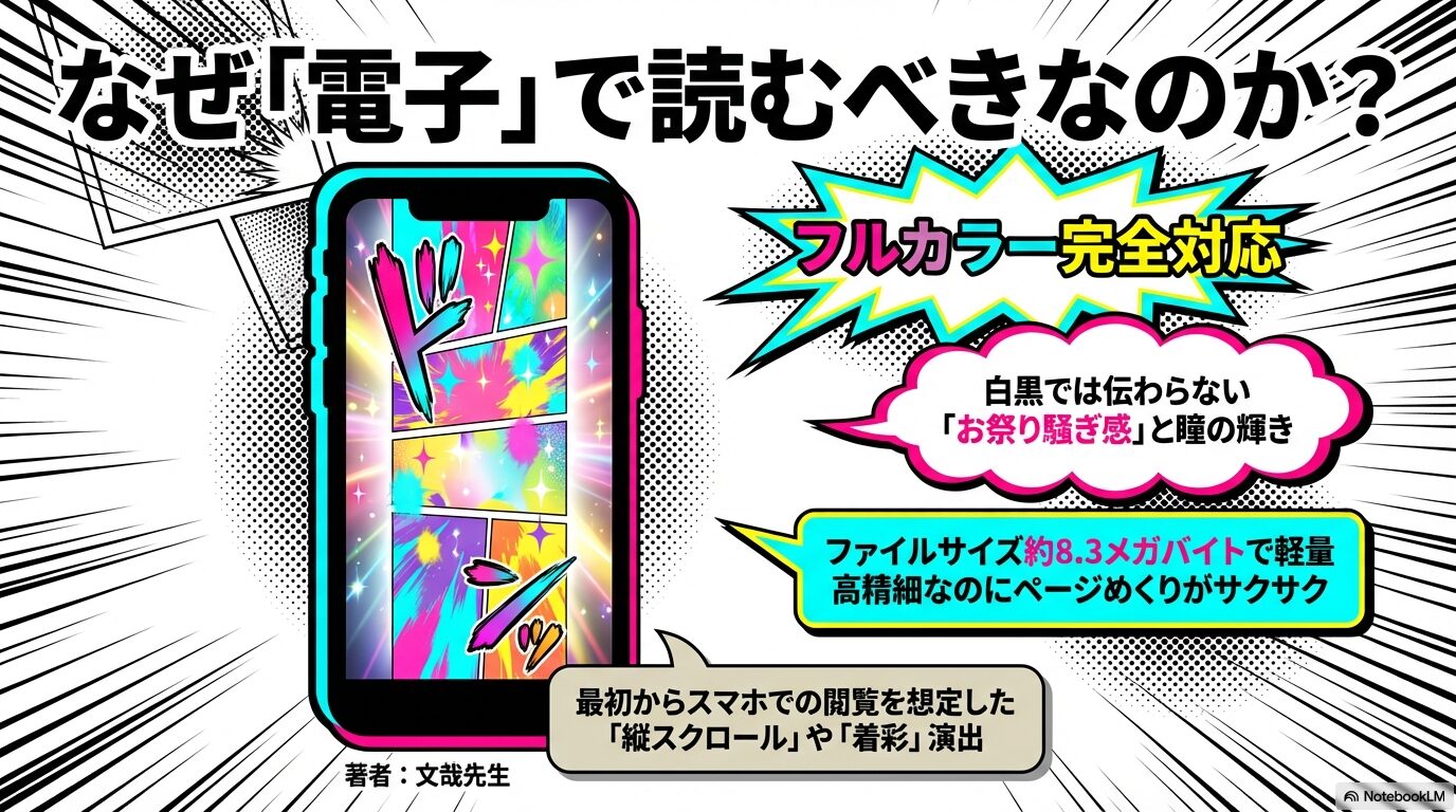 文哉先生のフルカラー演出、瞳の輝き、軽量でサクサク読めるファイルサイズなど、デジタル版のメリットをまとめたスライド。