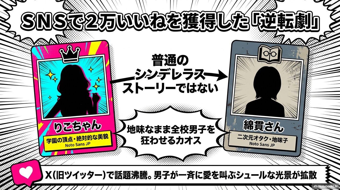 園の頂点に君臨するりこちゃんと、二次元オタクで地味子の綿貫さんのビジュアルと性格のギャップを解説したスライド。