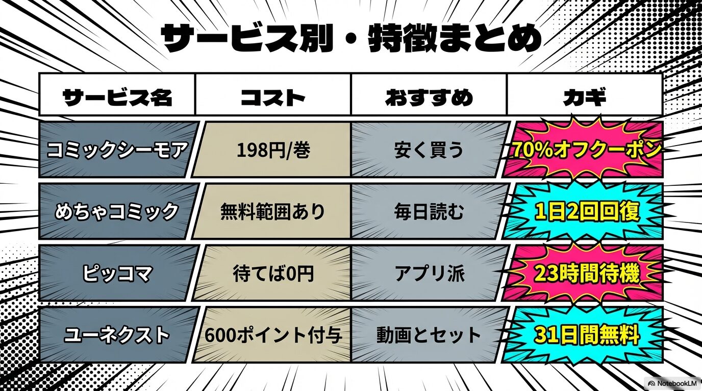 ミックシーモア、めちゃコミック、ピッコマ、U-NEXTの各サービスのおすすめポイントとカギとなる特典をまとめた一覧表スライド。
アイキャッチ画像生成 (16:9)