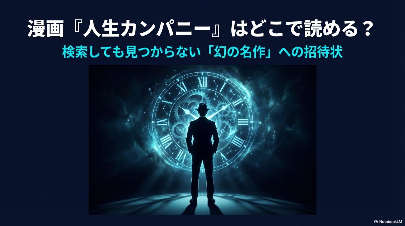 漫画「人生カンパニー」のタイトルと、時計を背にした謎の男のシルエット画像