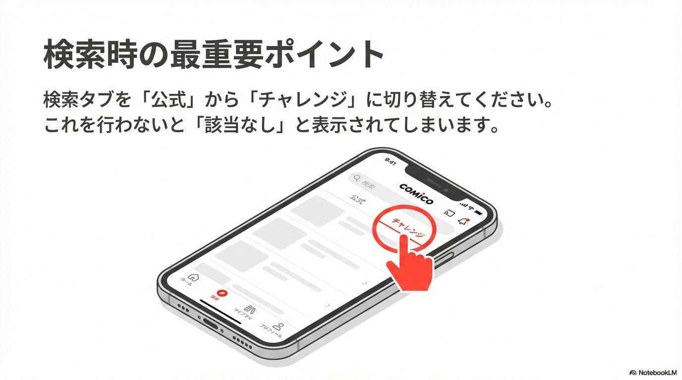 comicoアプリの検索画面で「公式」から「チャレンジ」タブに切り替える操作のイラスト