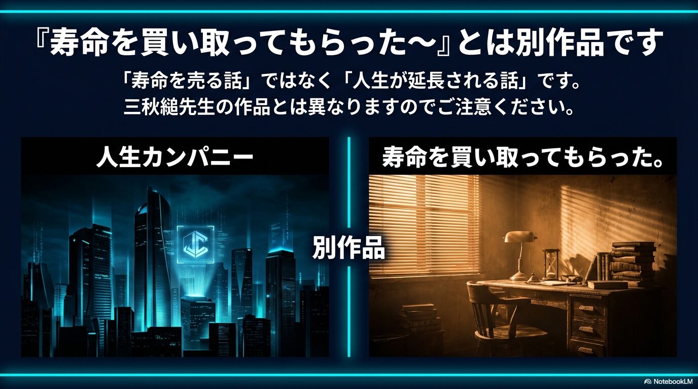 「寿命を買い取ってもらった〜」とは別作品であり、寿命延長の話であることを説明する比較画像