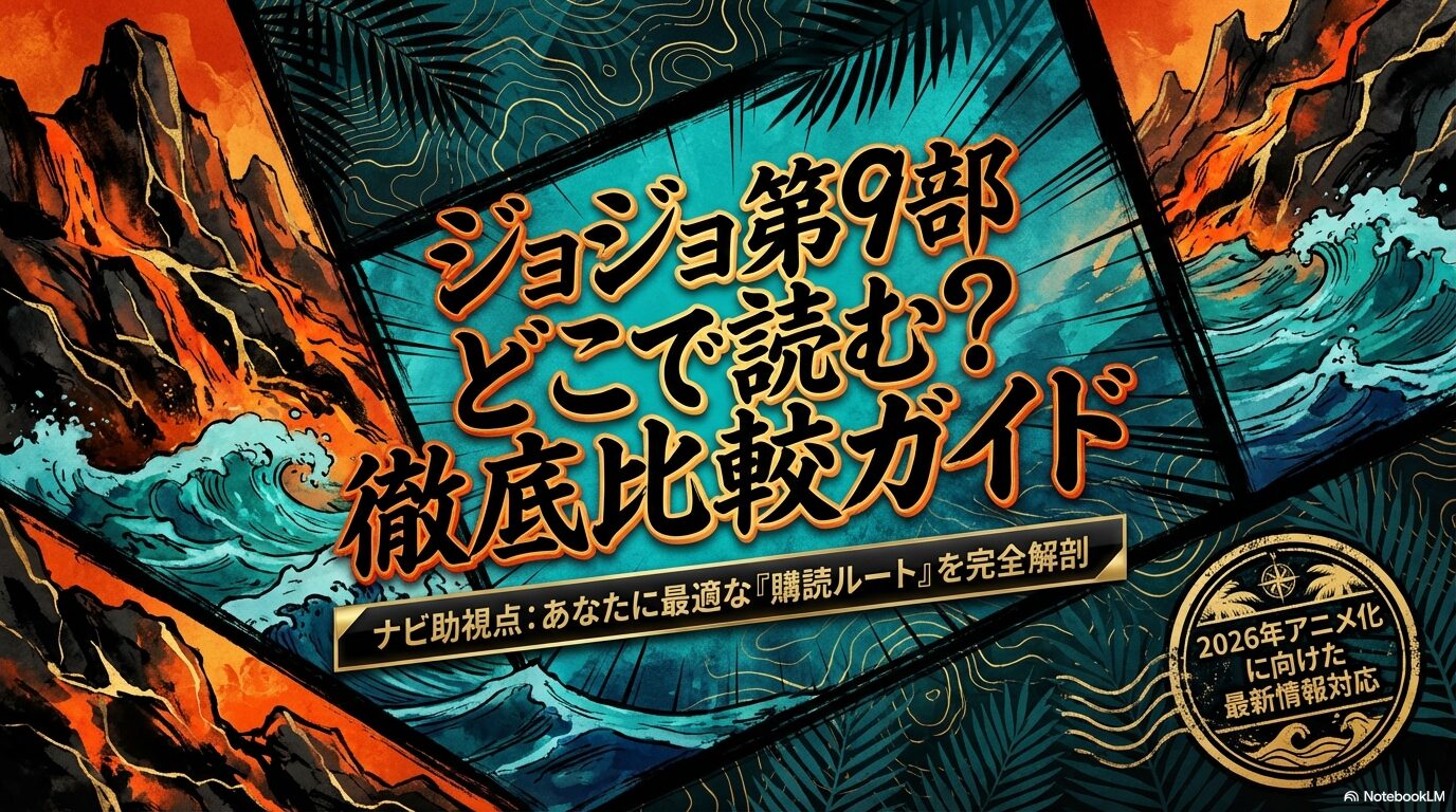 : ジョジョの奇妙な冒険 第9部「The JOJOLands」をどこで読むべきか、ナビ助が購読ルートを完全解剖する比較ガイドの表紙スライド。