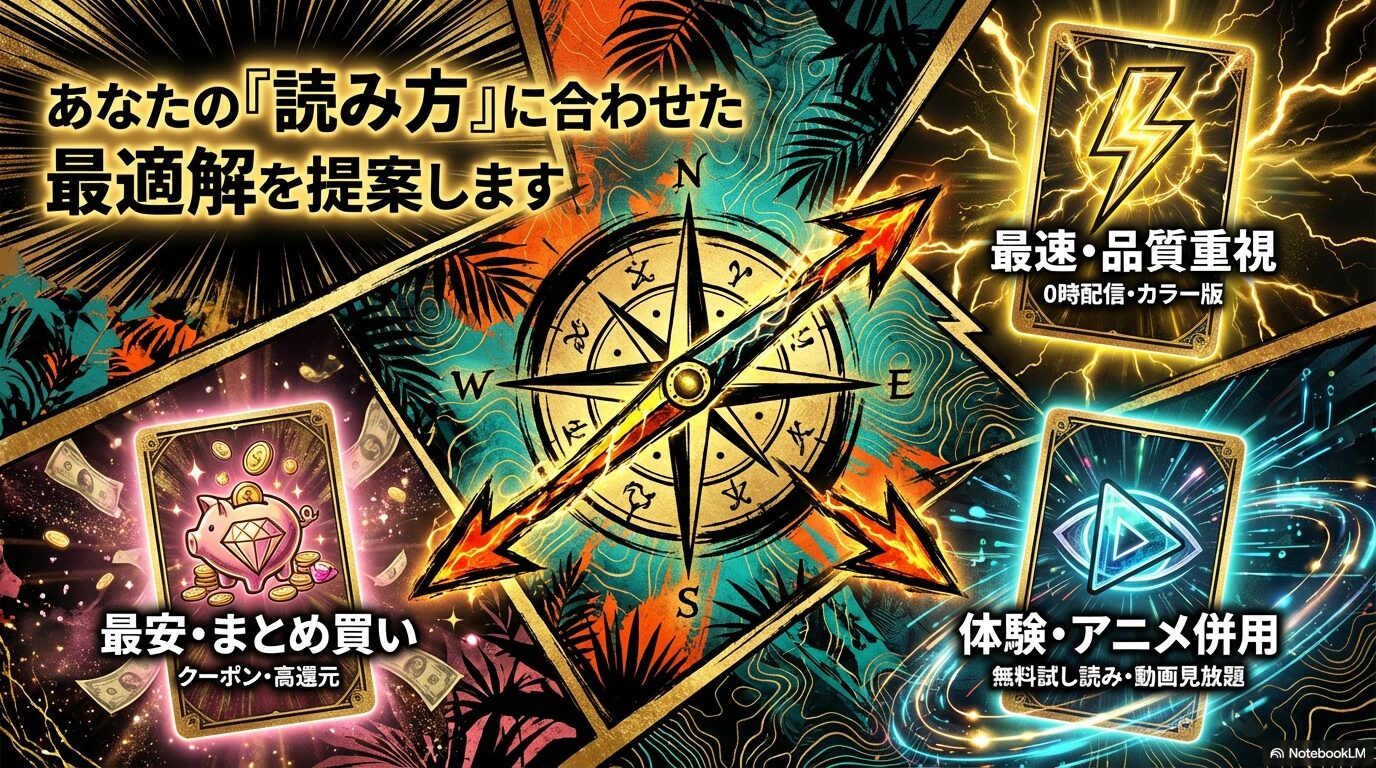 ユーザーの読書スタイルに合わせて、最速・品質重視(公式)、最安・まとめ買い(クーポン活用)、体験・アニメ併用(無料試し読み)の3つの最適解を示す図解スライド。