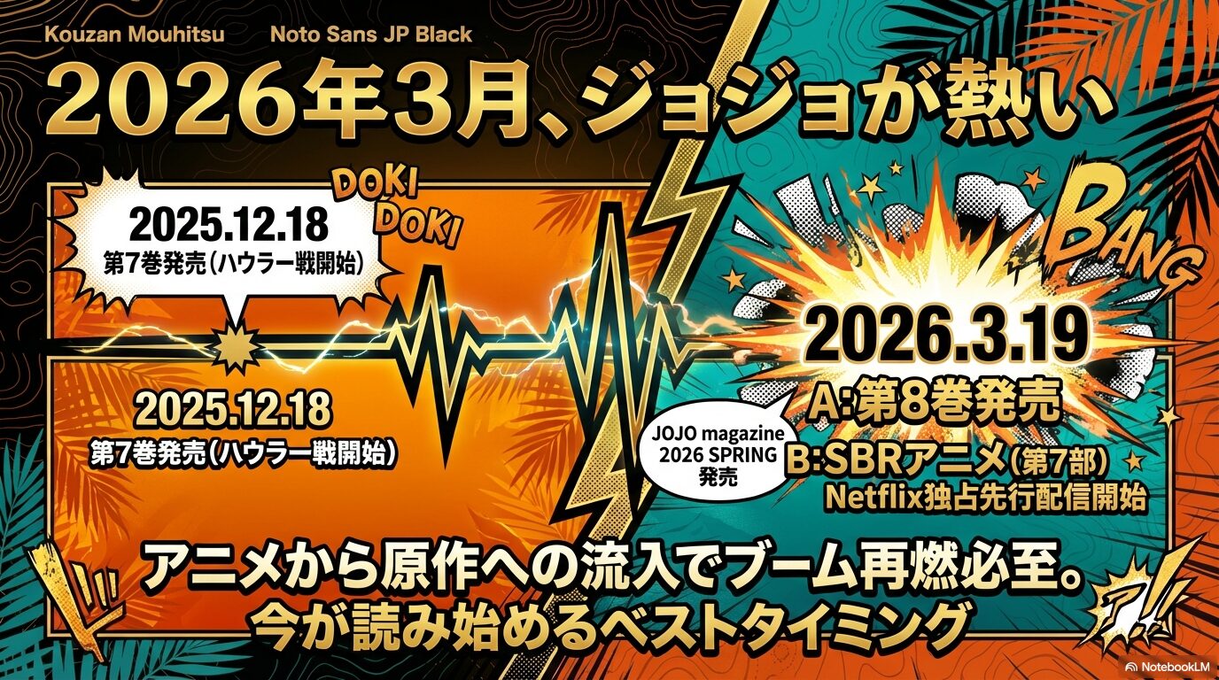2026年3月19日の第8巻発売、JOJO magazine発売、およびNetflixでのSBRアニメ(第7部)独占先行配信開始をまとめたタイムラインスライド。