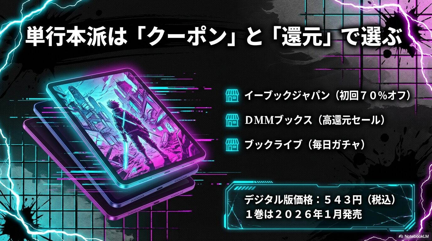 ebookjapanやDMMブックス、ブックライブなどのクーポンや還元セール情報をまとめた単行本派向けスライド