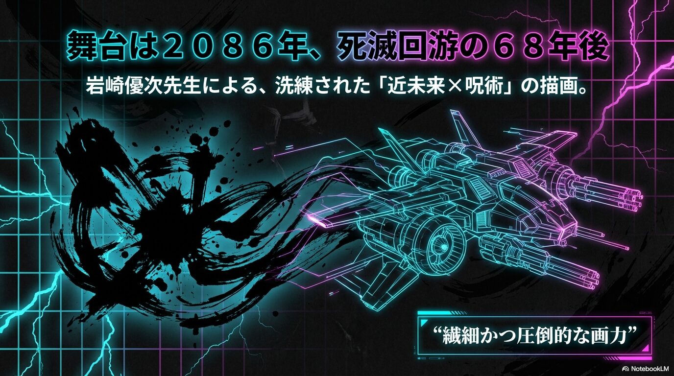 岩崎優次先生による洗練された「近未来×呪術」の描画と2086年の舞台設定を解説するスライド