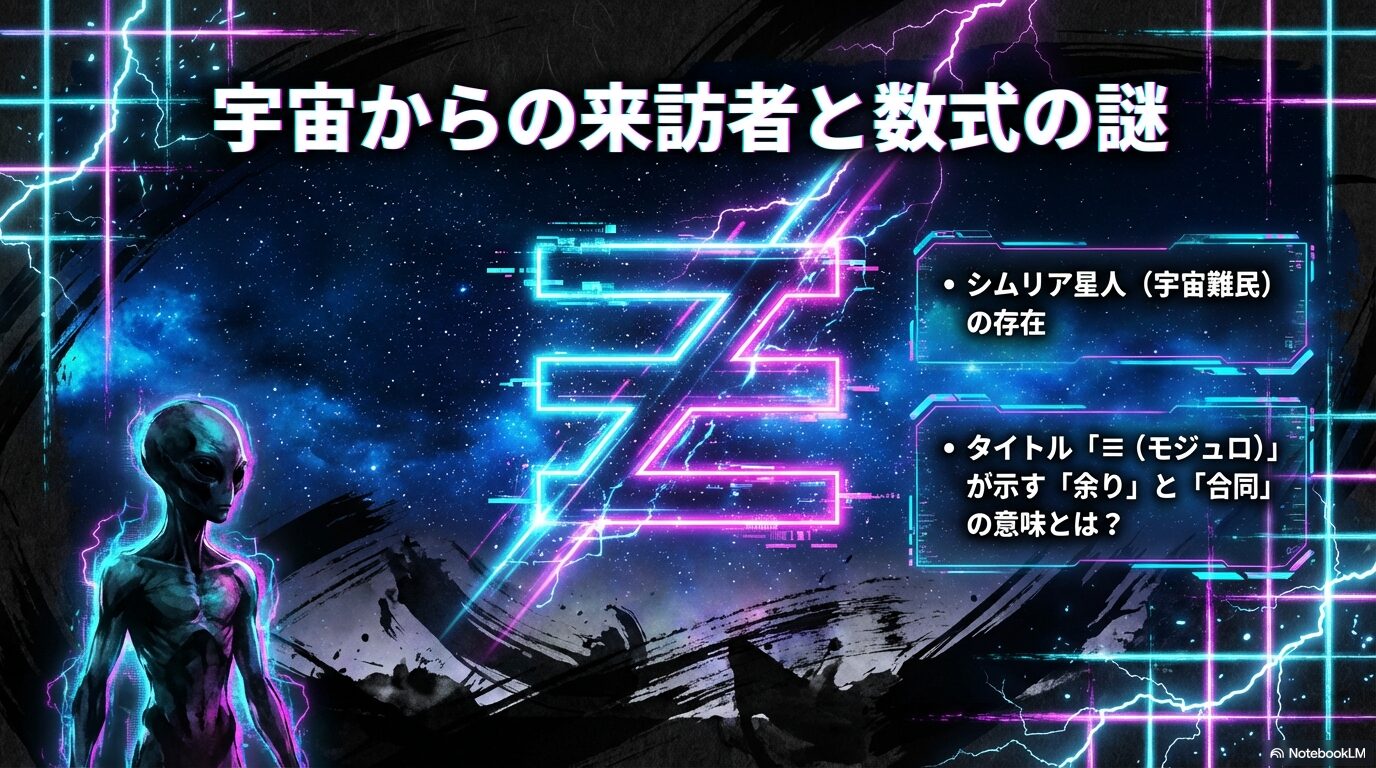宇宙難民シムリア星人の存在と、タイトル「モジュロ」が示す「余り」と「合同」の意味を考察するスライド