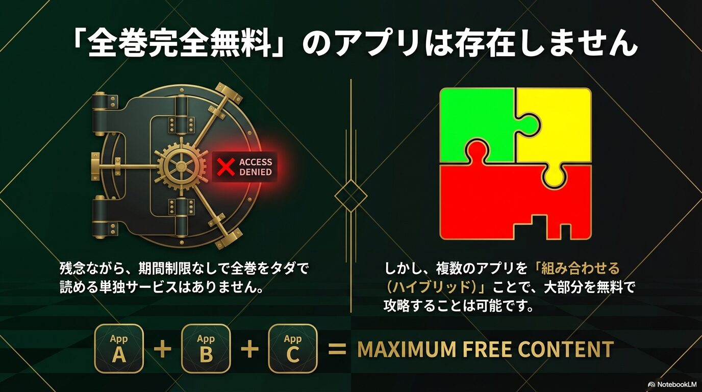全巻完全無料のアプリは存在しないという警告と、複数のアプリを組み合わせるハイブリッド読みで最大量の無料コンテンツを楽しむ図解。