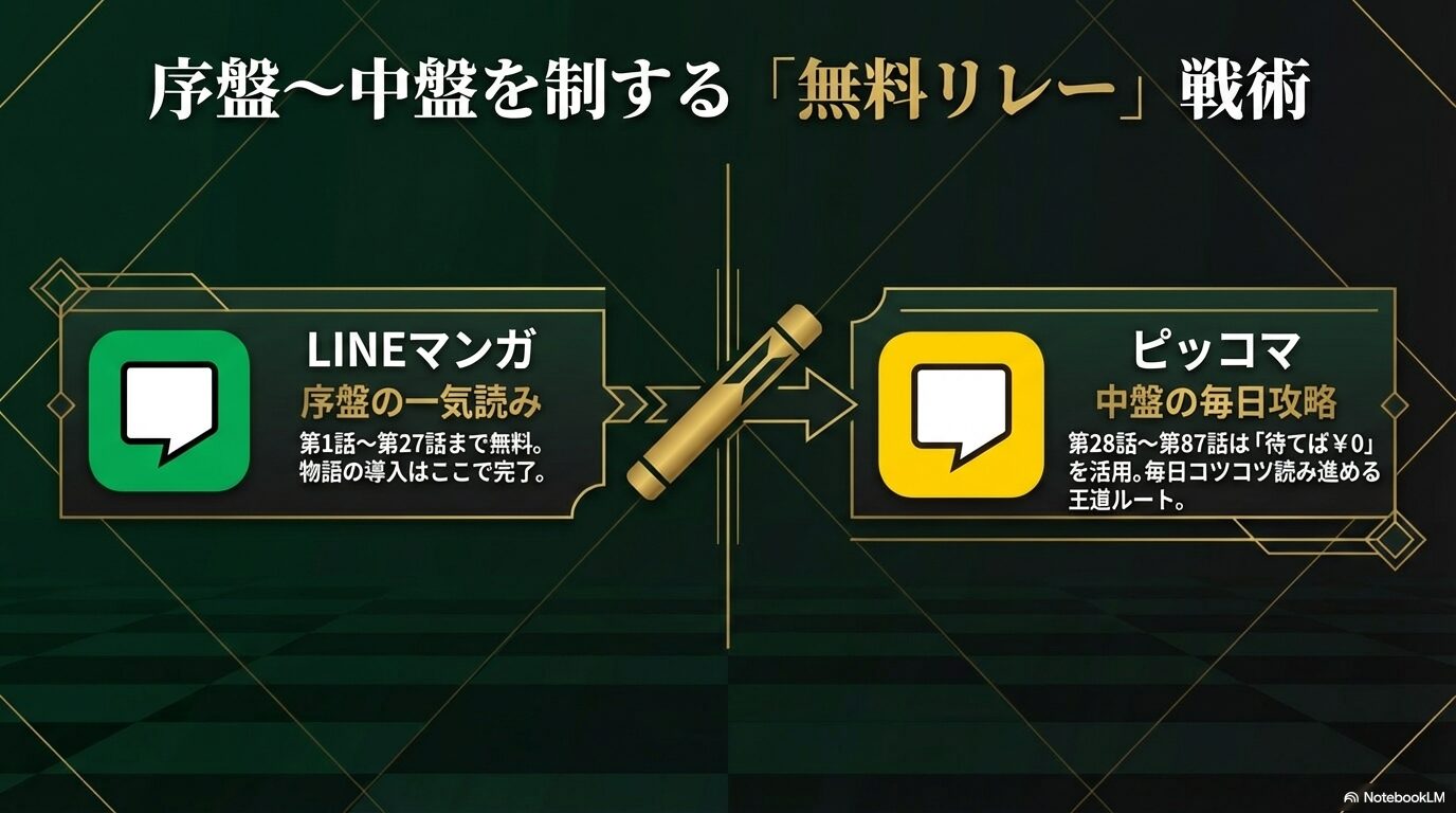 LINEマンガで序盤1話から27話を一気読みし、ピッコマで中盤28話から87話を待てば0円で攻略するリレー戦術の解説。