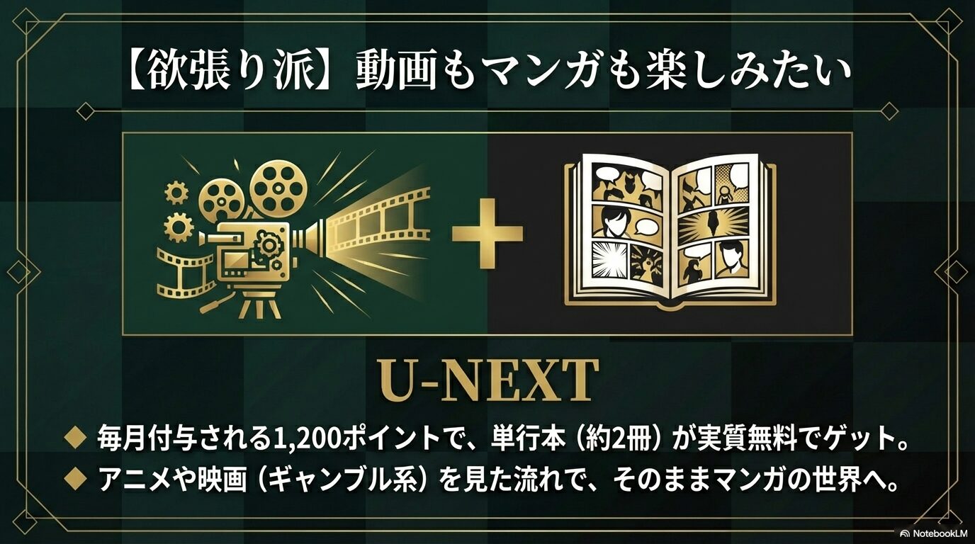 U-NEXTで毎月付与される1,200ポイントを使い、単行本約2冊を実質無料でゲットする仕組みの図解。