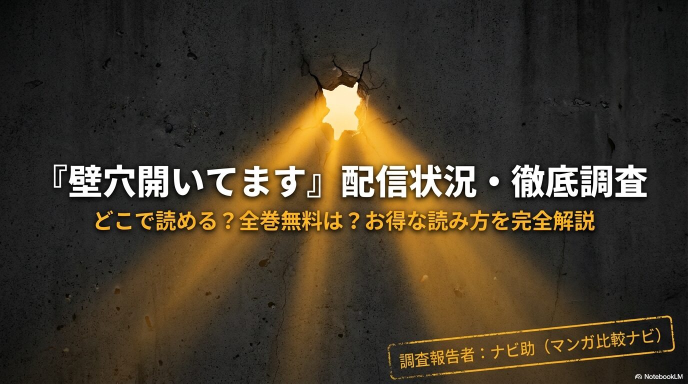 マンガ『壁穴開いてます』がどこで読めるか、全巻無料の有無やお勧めの読み方を調査したスライド資料の表紙。