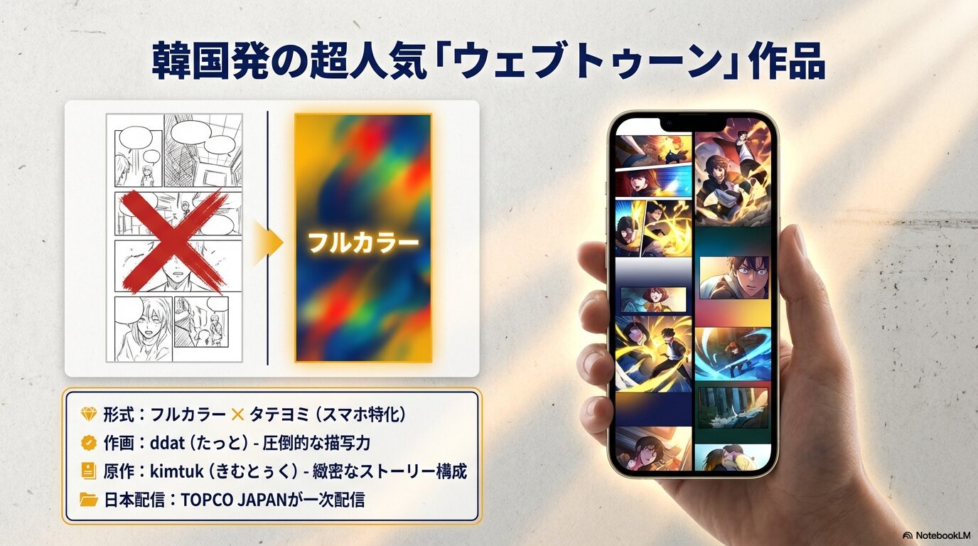 『壁穴開いてます』が韓国発のフルカラー・タテヨミ作品であることや、作画ddat・原作kimtukなどの作品情報をまとめたスライド。