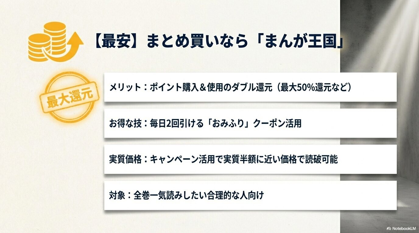 最大50%還元のポイントシステムや「おみふり」クーポンを活用して、『壁穴開いてます』を実質半額近くで読む方法をまとめたスライド。
