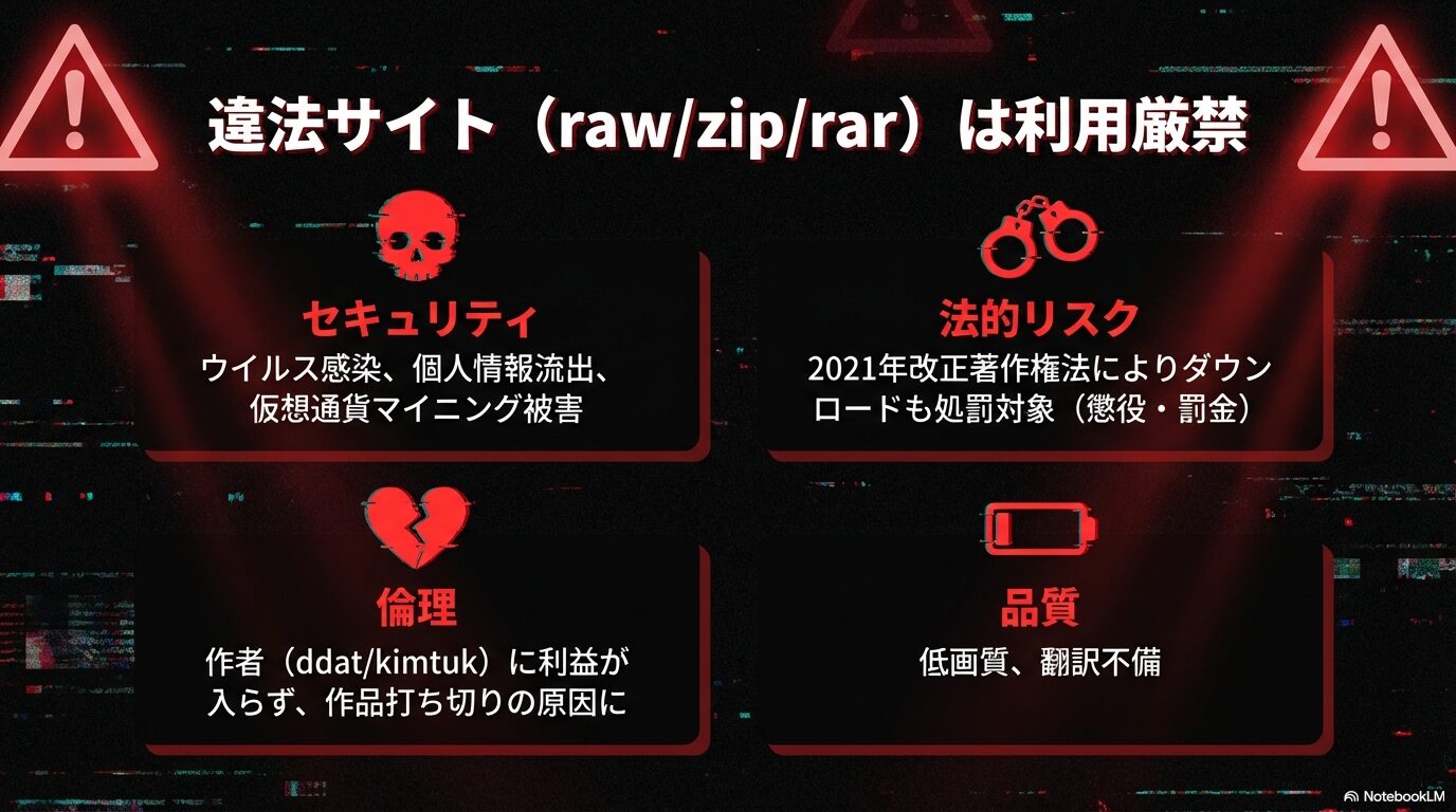 違法サイト利用によるウイルス感染、個人情報流出の危険性や、ダウンロードも処罰対象となる法的リスクを警告するスライド。