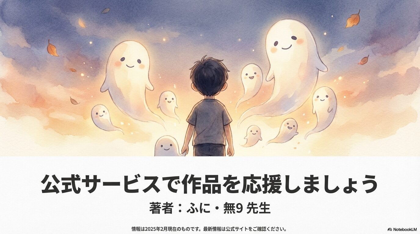 著者ふに・無9先生への応援と、公式サイトでの最新情報確認を推奨するまとめスライド。