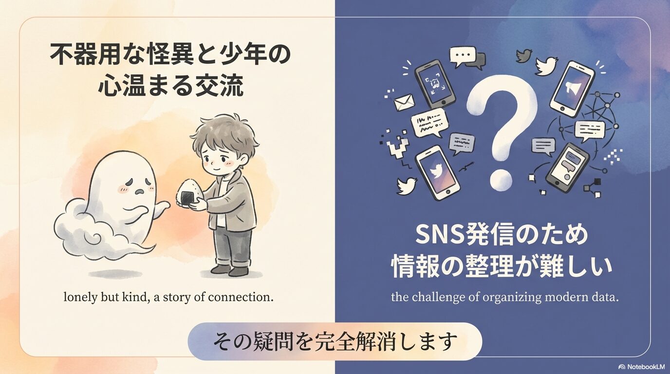 怪異さんと少年の交流を描いた物語の紹介と、SNS発信のため情報整理が難しい現状を説明するスライド。