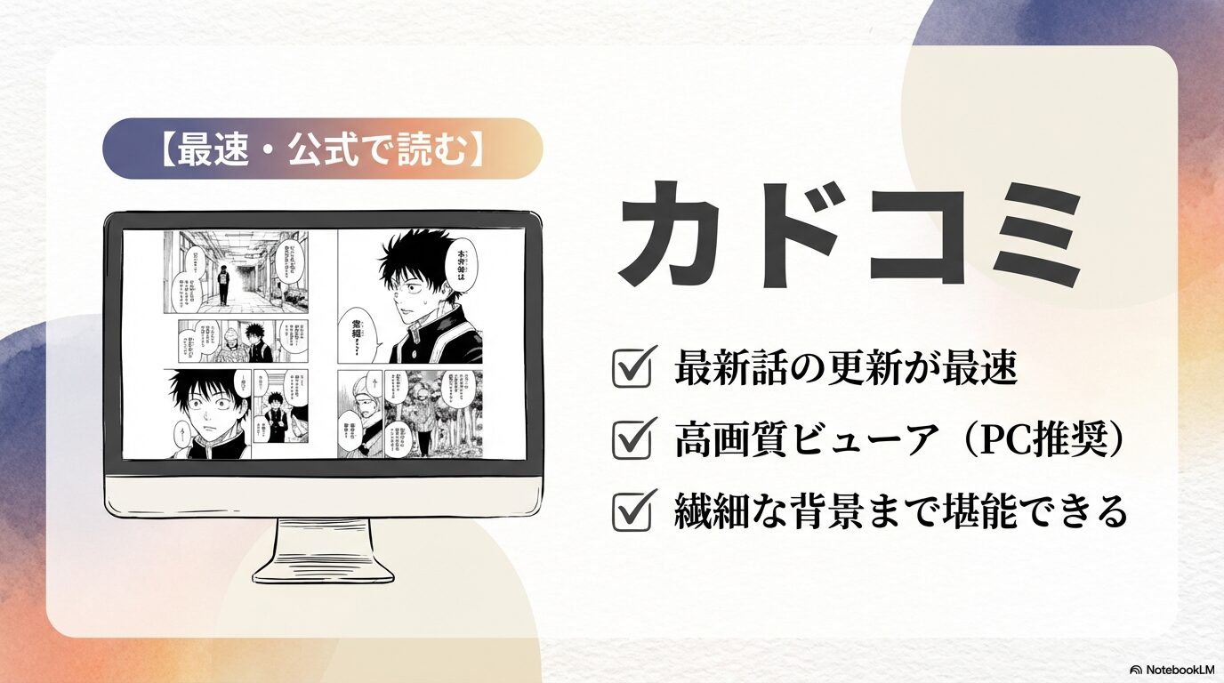 公式連載サイト「カドコミ」のメリット紹介。最新話の更新速度や高画質ビューアについての解説。