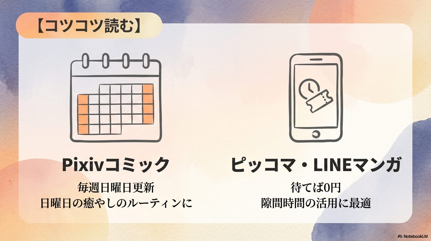 Pixivコミックの日曜更新情報と、ピッコマ・LINEマンガの「待てば0円」機能を比較紹介するスライド。