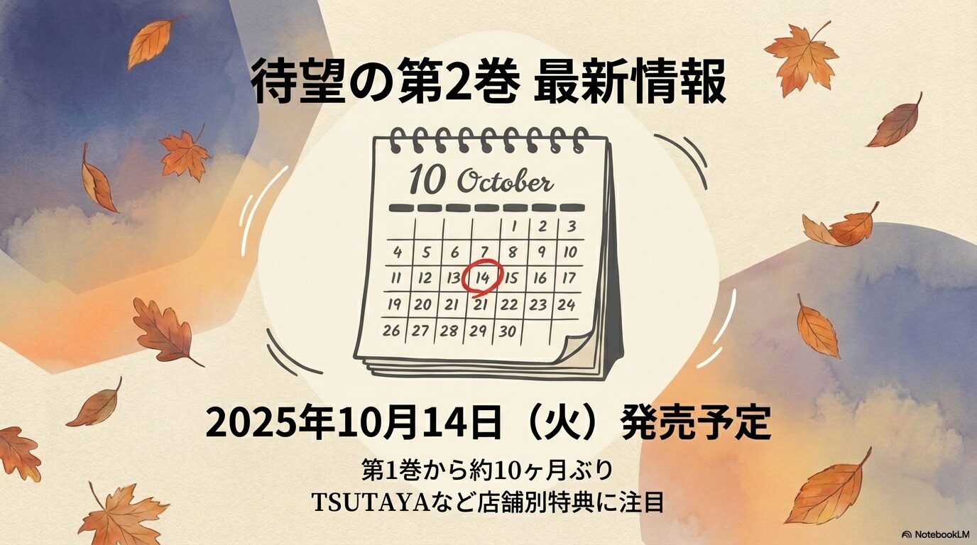 第2巻の発売日カレンダーと、TSUTAYA等の店舗別特典に注目を促す最新情報スライド。