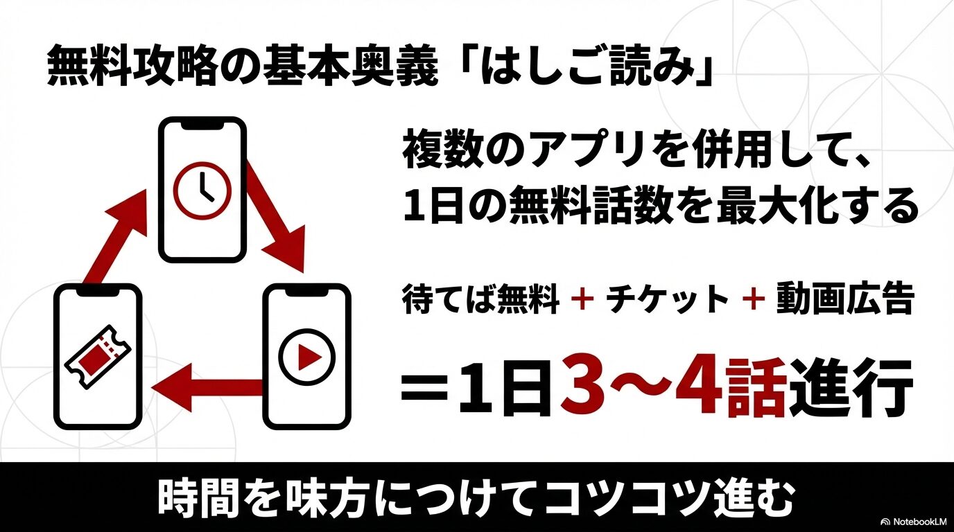 複数のアプリを併用し、チケットや動画広告を活用して1日3〜4話ずつ読み進める「はしご読み」のサイクル図