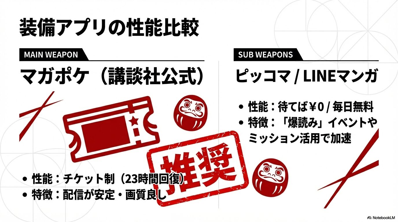 マガポケ、ピッコマ、LINEマンガの特徴と、無料チャージや爆読みイベントの活用法を比較した装備表風スライド