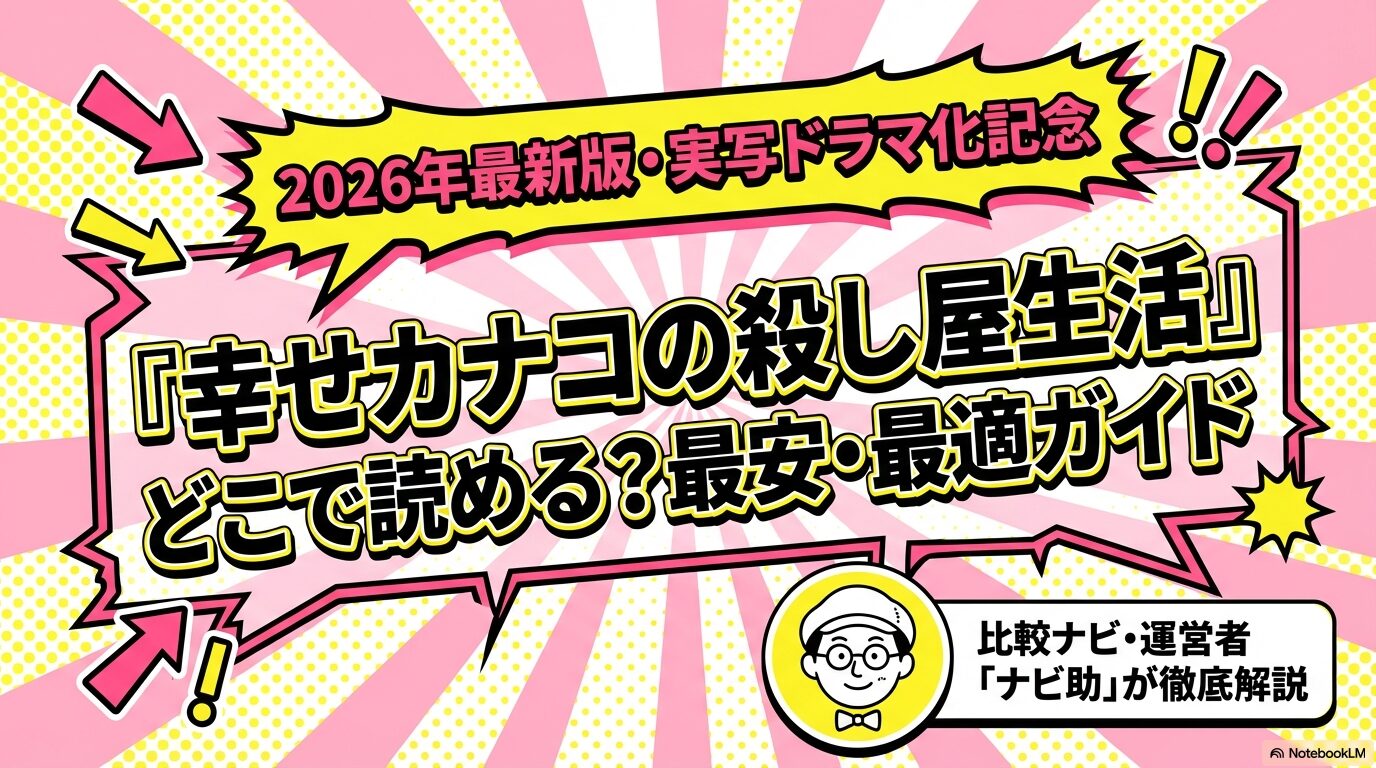 『幸せカナコの殺し屋生活』がどこで読めるか、最安サイトを徹底解説する実写ドラマ化記念ガイドの表紙スライド。