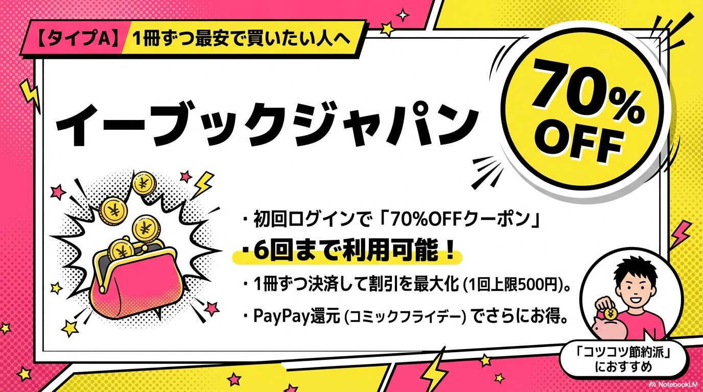 70%OFFクーポンが6回使えるebookjapan。コツコツ節約して1冊ずつ最安で買いたい人向け。