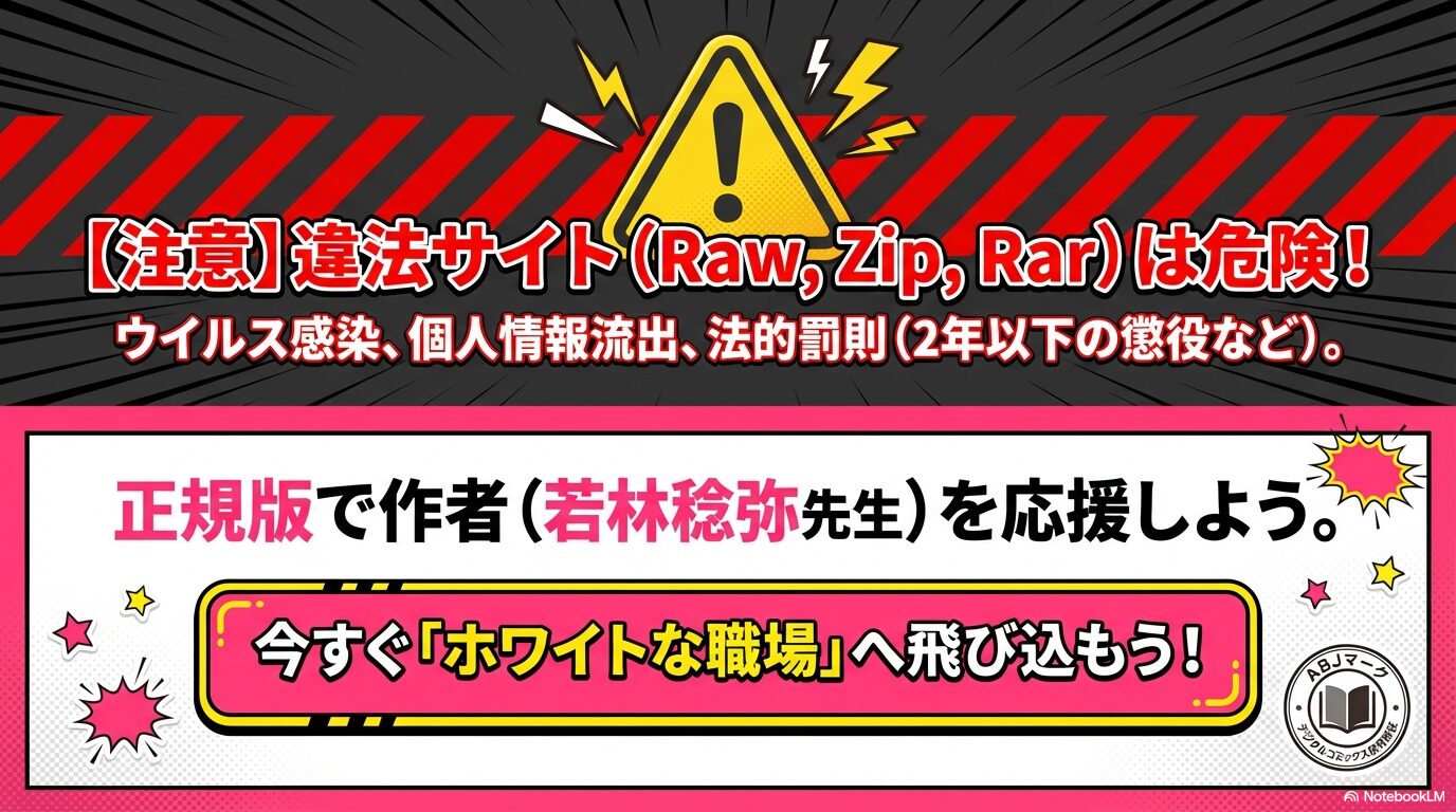 違法サイトのウイルス感染や法的罰則のリスクを警告し、正規版(ABJマーク付き)の利用と作者応援を促す注意スライド。