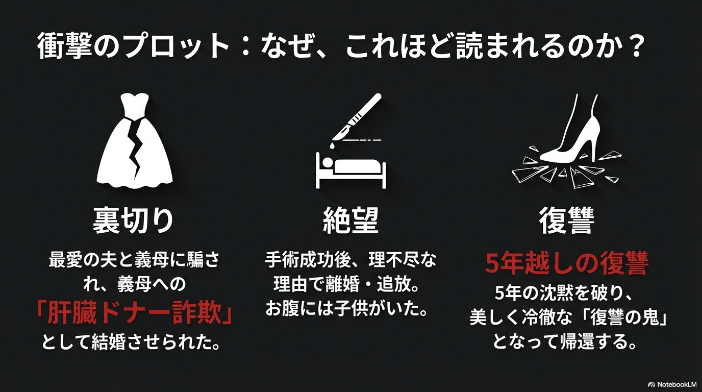 最愛の夫と義母に騙された肝臓ドナー詐欺、離婚・追放という絶望から5年を経て「復讐の鬼」として帰還する物語のあらすじ図解。