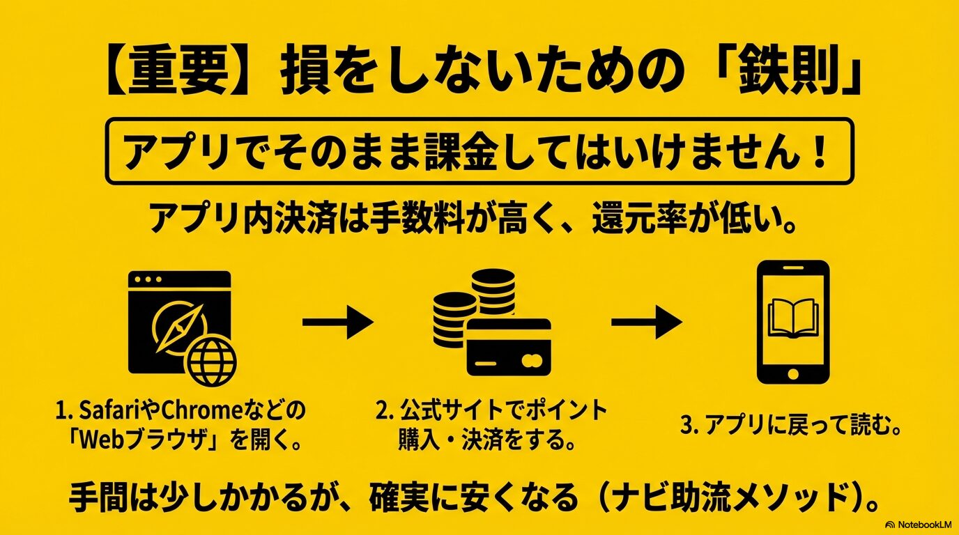 手数料の高いアプリ内決済ではなく、SafariやChromeなどのWebブラウザから公式サイトで決済し、アプリで読む「ナビ助流メソッド」の図解。