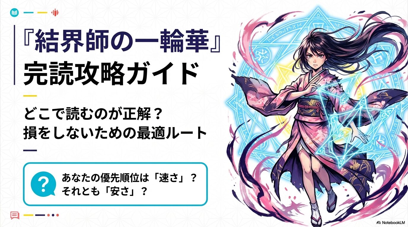 結界師の一輪華のメインビジュアルと、完読攻略ガイドのタイトルが書かれたスライド画像。
