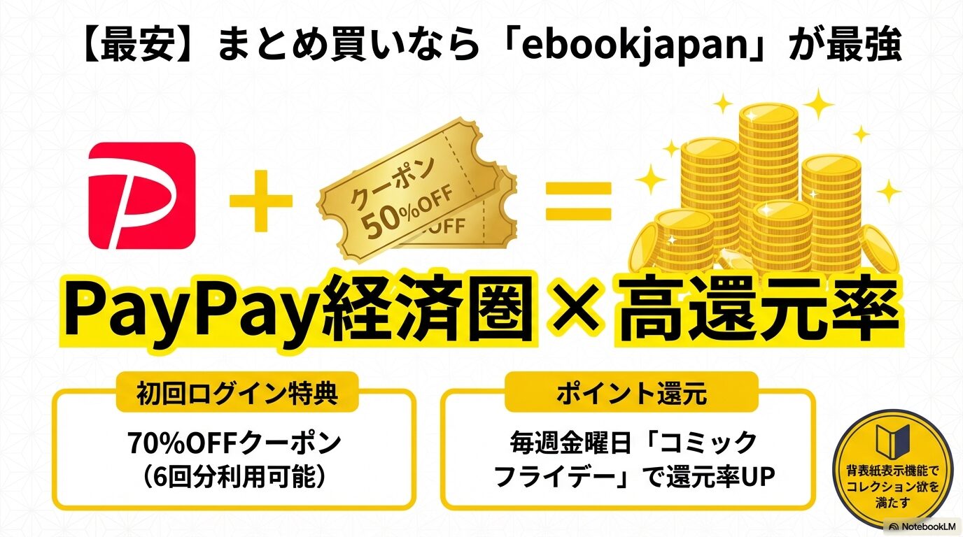 PayPay経済圏と70%OFFクーポン、毎週金曜日の還元キャンペーンを組み合わせて最安でまとめ買いする方法を説明したスライド。