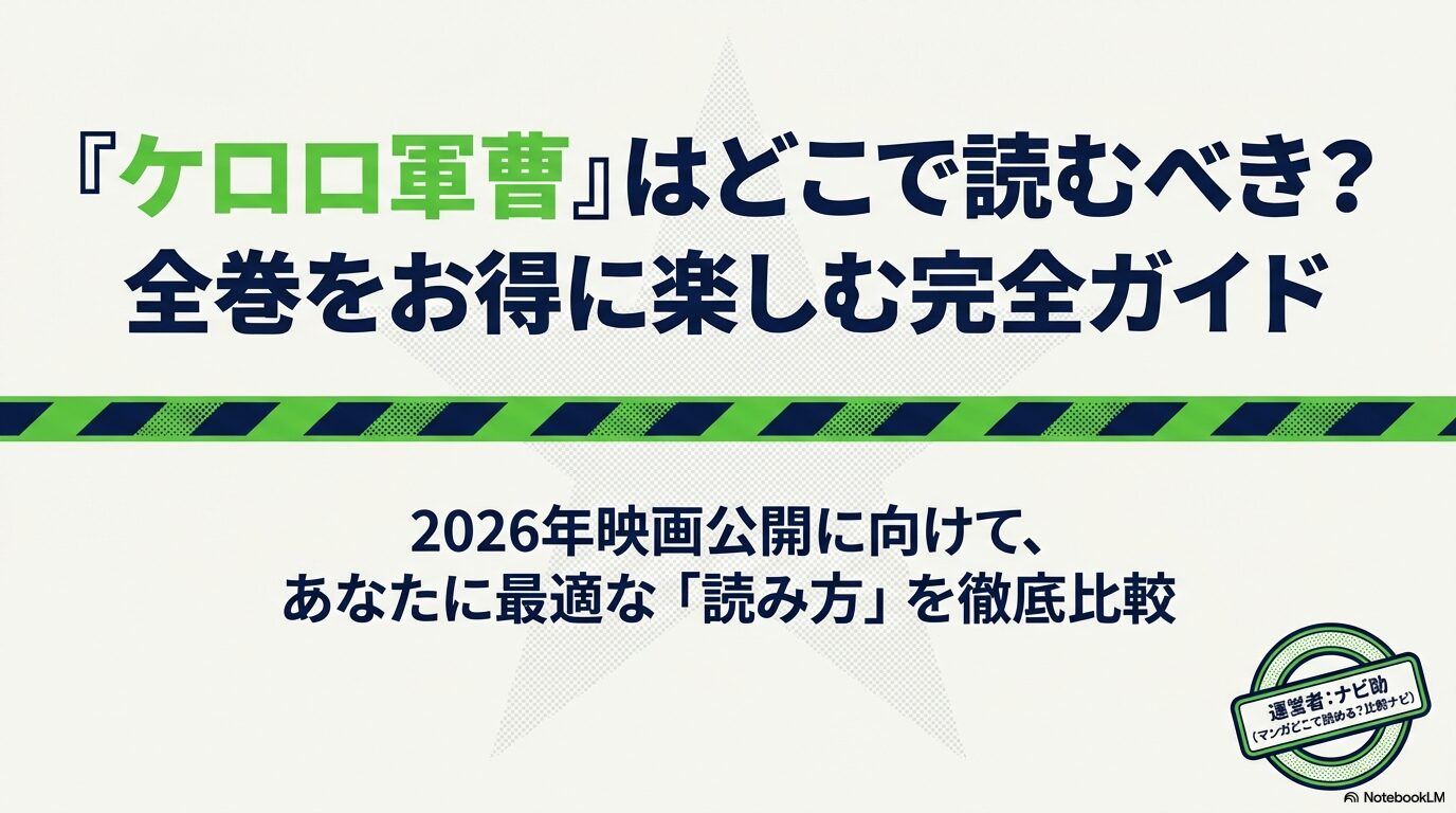 ケロロ軍曹の漫画全巻をお得に読むための完全ガイドスライド表紙。運営者ナビ助。