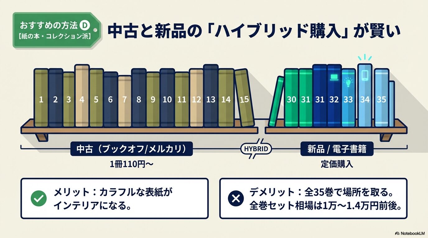 前半は中古(ブックオフ・メルカリ)、後半は新品や電子書籍で購入するハイブリッドスタイルの提案。全巻セット相場も記載。