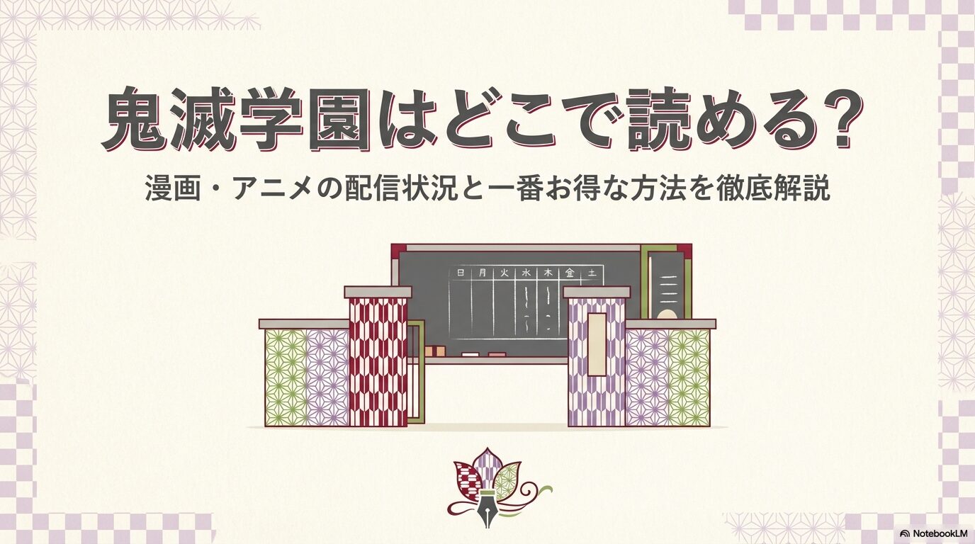 鬼滅学園の漫画とアニメがどこで読めるか、一番お得な方法を徹底解説するスライド資料の表紙。