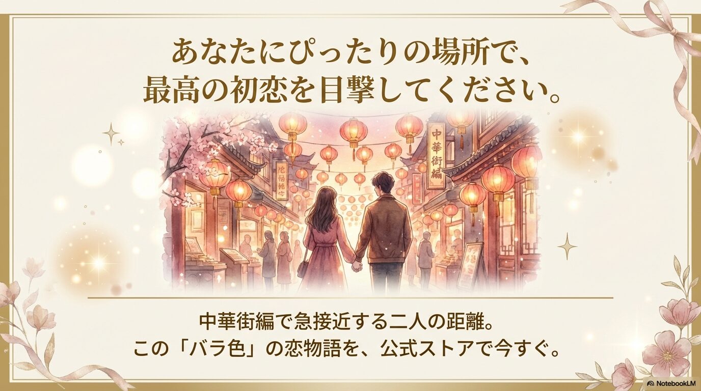 中華街を歩く二人の後ろ姿と、公式ストアでの購読を推奨するメッセージ。